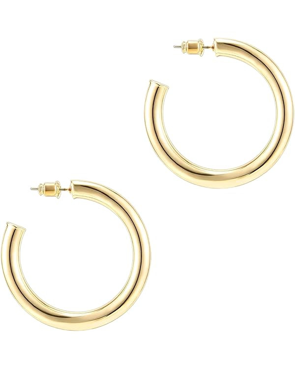 PAVOI 14K Gold Plated Lightweight Chunky Open Hoops | Gold Hoop Earrings for Women | Amazon (US)