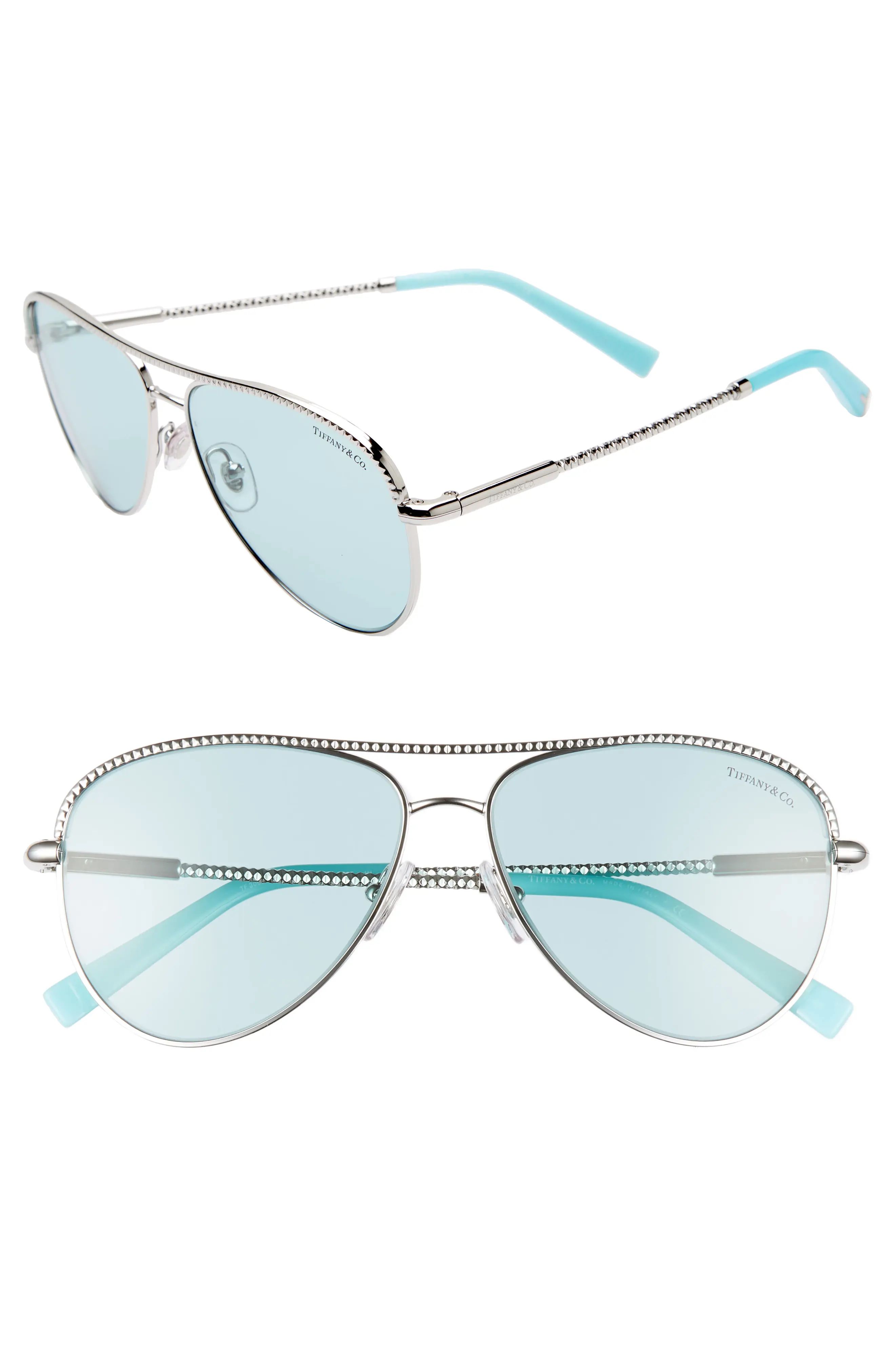 Women's Tiffany & Co 57Mm Aviator Sunglasses - Silver/ Blue Green Solid | Nordstrom