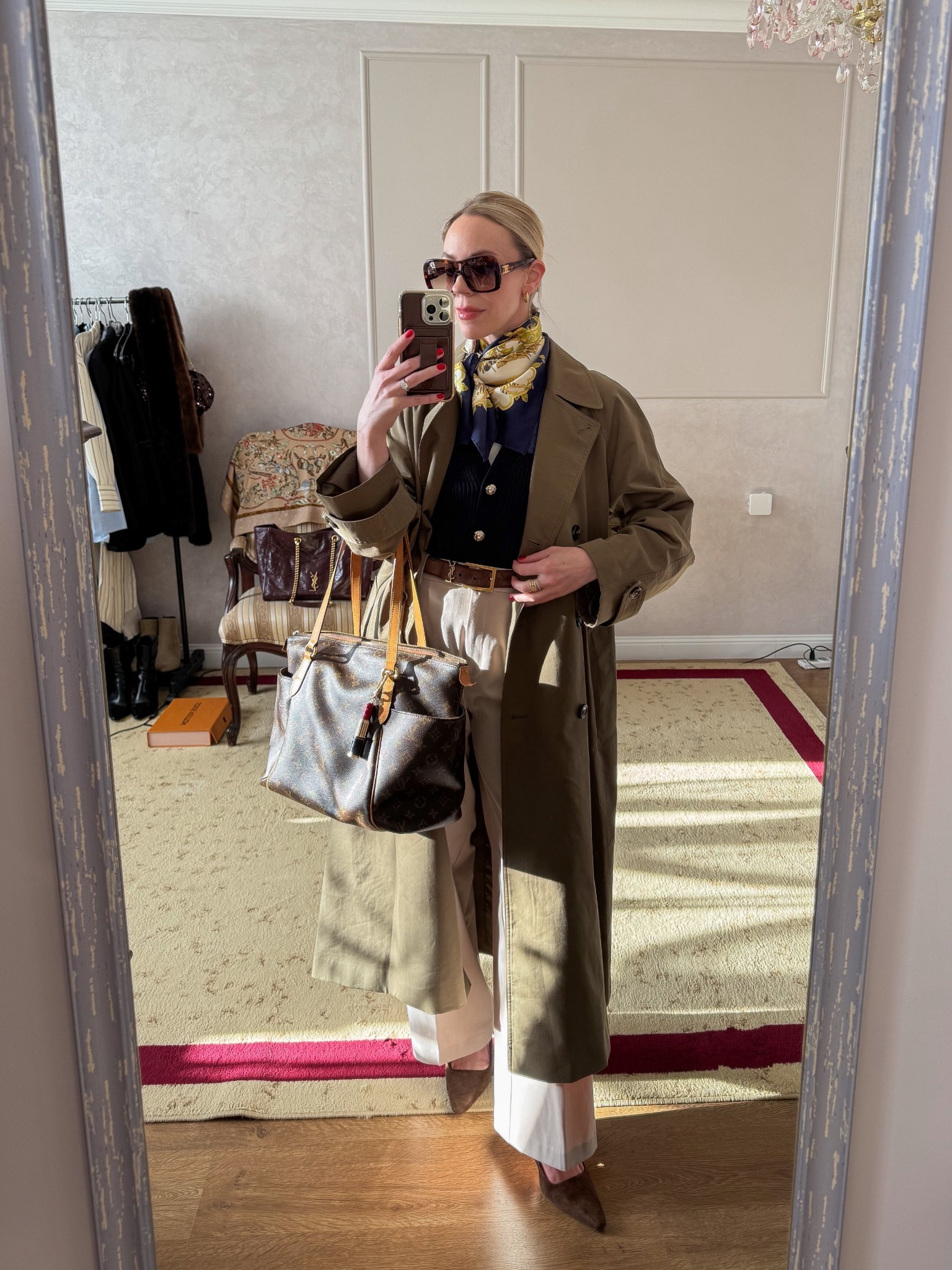 Spring business casual, workwear look of the day, olive green trench coat, silk scarf outfit, Louis Vuitton tote bag, spring trends 

#LTKootd #LTKWorkwear #LTKOver40