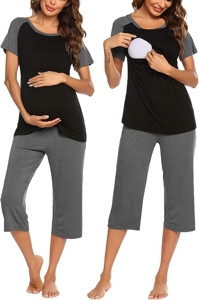 Ekouaer Double Layers Labor/Delivery/Nursing Maternity Pajamas Capri Set Baseball Shirt,Adjustabl... | Amazon (US)