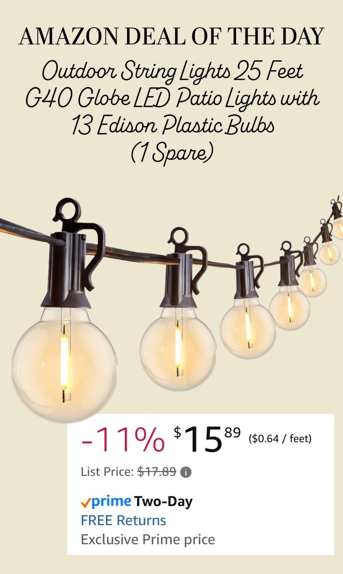 💡 Amazon Deal of the Day: Outdoor String Lights 25 Feet G40 Globe LED Patio Lights with 13 Edison Plastic Bulbs (1 Spare)!!!! 💡

ORG: $17.89
NOW: $15.89

That is 11% OFF!!!! 🤑

Amazon deals, Amazon finds, Amazon home, Amazon products, home deals, outdoor finds, deal of the day, find of the day, trending on Amazon, trending deals, outdoor lighting, trending lights, hanging lights, lights on sale

#LTKSaleAlert #LTKFindsUnder50 #LTKHome