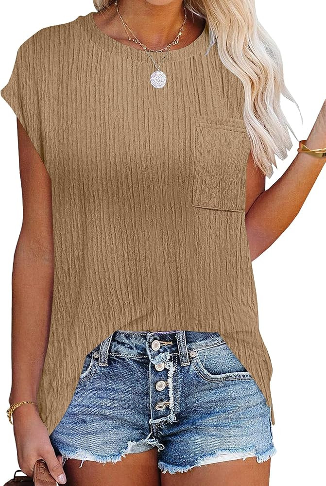 HOTOUCH Cap Sleeve Shirt Top for Womens Trendy Crew Neck Blouse Basic Textured Tshirts Tunic with... | Amazon (US)