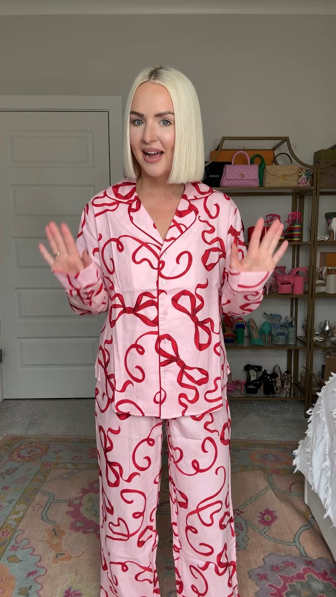 Bow long sleeve pajamas / Walmart Christmas pajamas / Walmart bow pajamas 
Size: XS (TTS in long pants, size up one in the shorts version) 

#LTKHoliday #LTKFindsUnder50 #LTKSeasonal