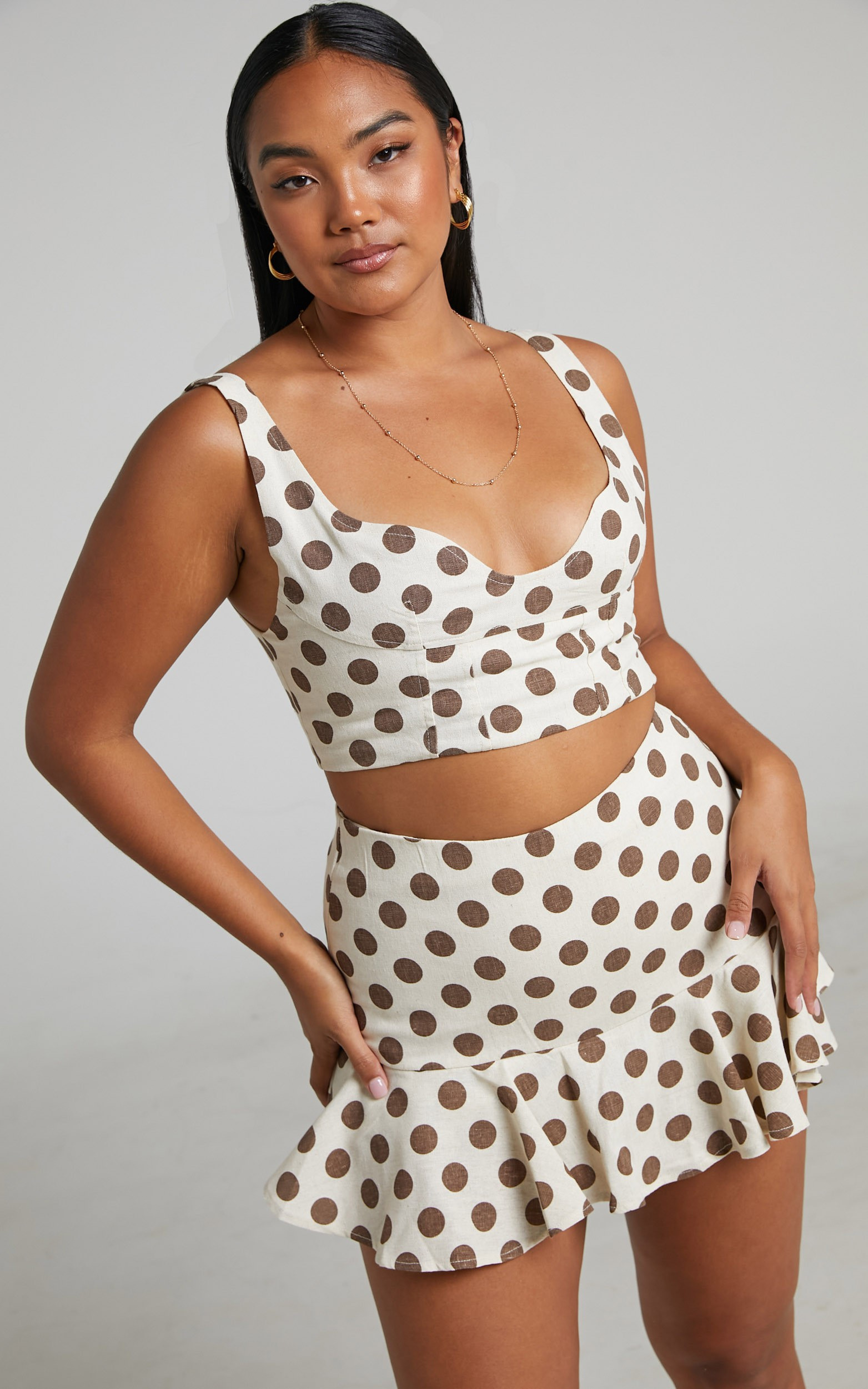 Yolly Bustier Crop Top and Flippy Mini Skirt Two Piece Set in Mocha Spot | Showpo (US, UK & Europe)
