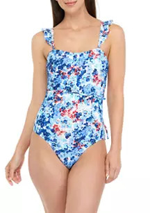 Watercolor Ruffle Bandeau One Piece Swimsuit | Belk