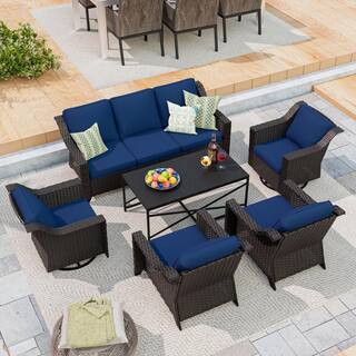 6-Piece Brown Wicker Outdoor Patio Conversation Set Swivel Chair with Blue Cushions and Coffee Table | The Home Depot