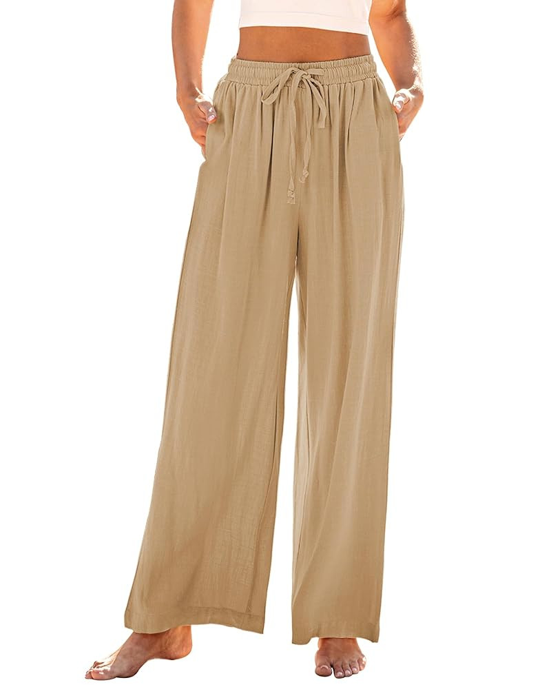 GRAPENT Wide Leg Pants Woman Linen High Waisted Pull On Flowy Casual Baggy Drawstring Palazzo Tro... | Amazon (US)