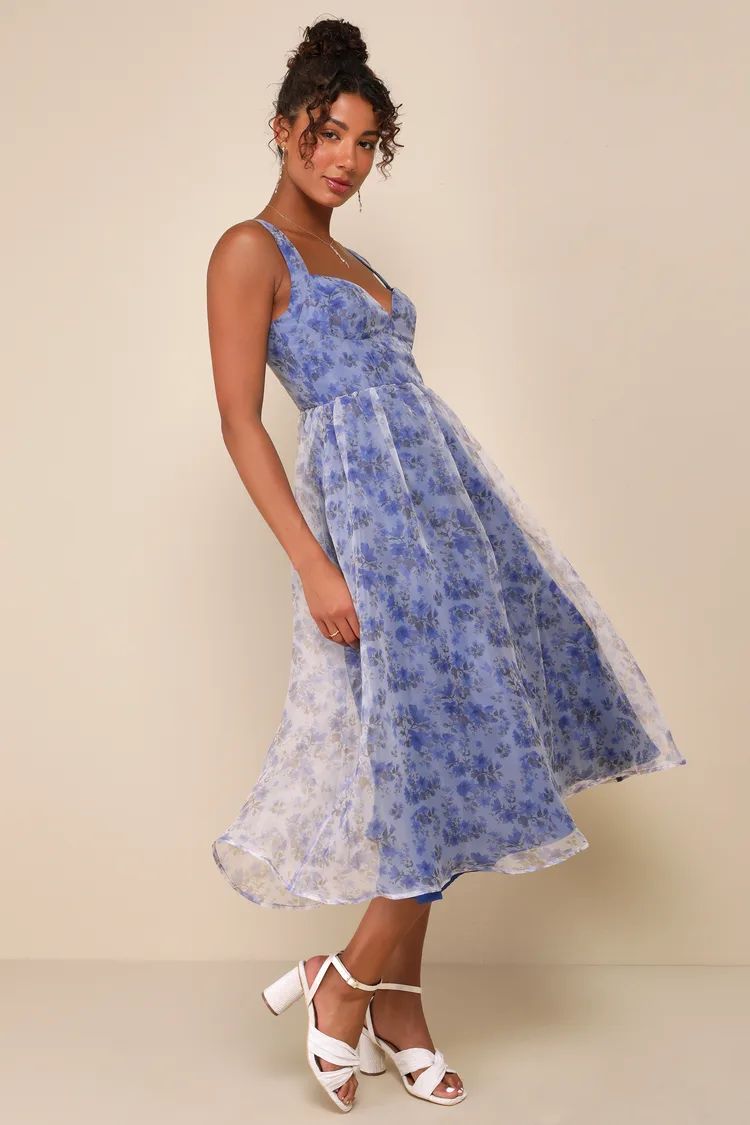 Delightful Impulse Blue Floral Organza Bustier Midi Dress | Lulus