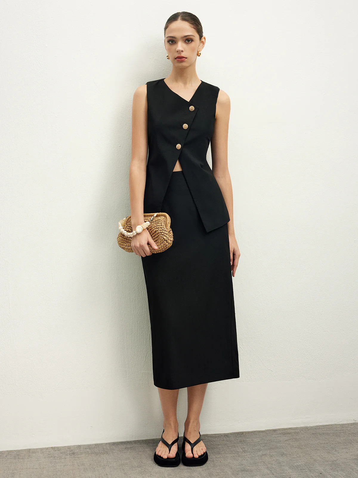 Asymmetrical Button Top  A Line Skirt set | Commense