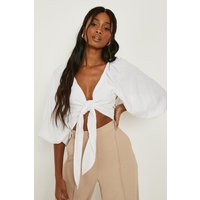 Womens Puff Sleeve Tie Front Linen Crop Top - White - 12 | boohoo (US & Canada)