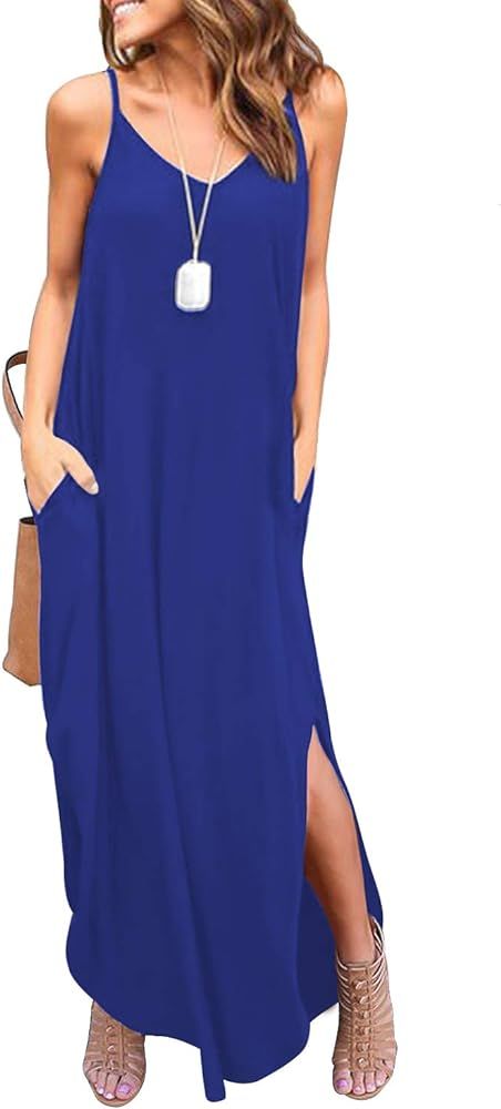 HUSKARY Women's Summer Casual Sleeveless V Neck Strappy Split Loose Dress Beach Cover Up Long Cam... | Amazon (US)