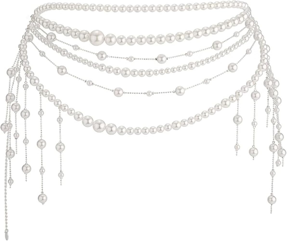 Multilayer Pearl Waist Chain Belt for Women Fashion Adjustable Big Pearls Belt Chain Pearls Tasse... | Amazon (US)