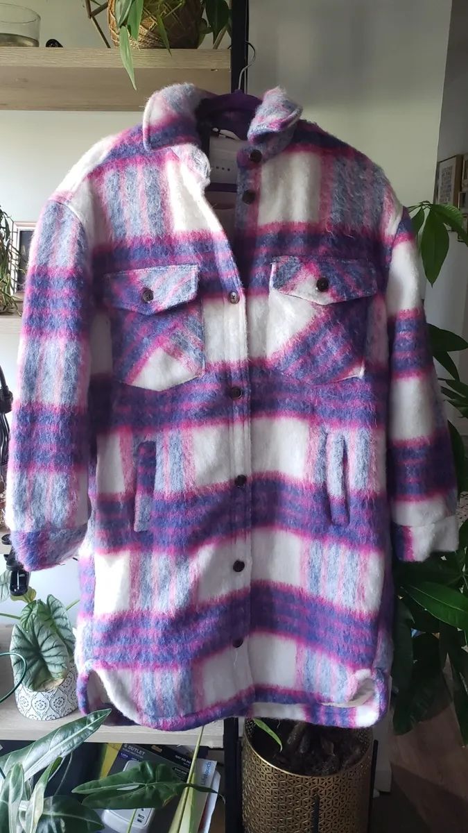 Blank NYC Purple White Plaid Fuzzy Shacket Coat Oversized Wool Blend Sz Small  | eBay | eBay US