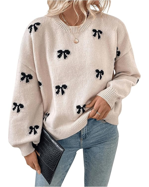 Women's Y2K Bow Print Sweater Crewneck Long Sleeve Drop Shoulder Knit Pullovers Sweaters | Amazon (US)