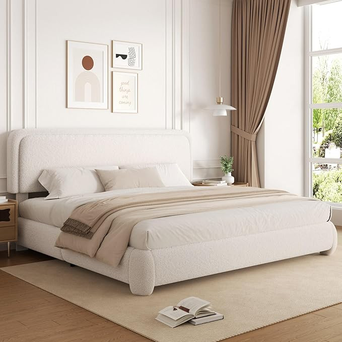 Queen Size Boucle Bed Frame, Upholstered Cloud Platform Bed Frame with Headboard, Anti-Collision ... | Amazon (US)