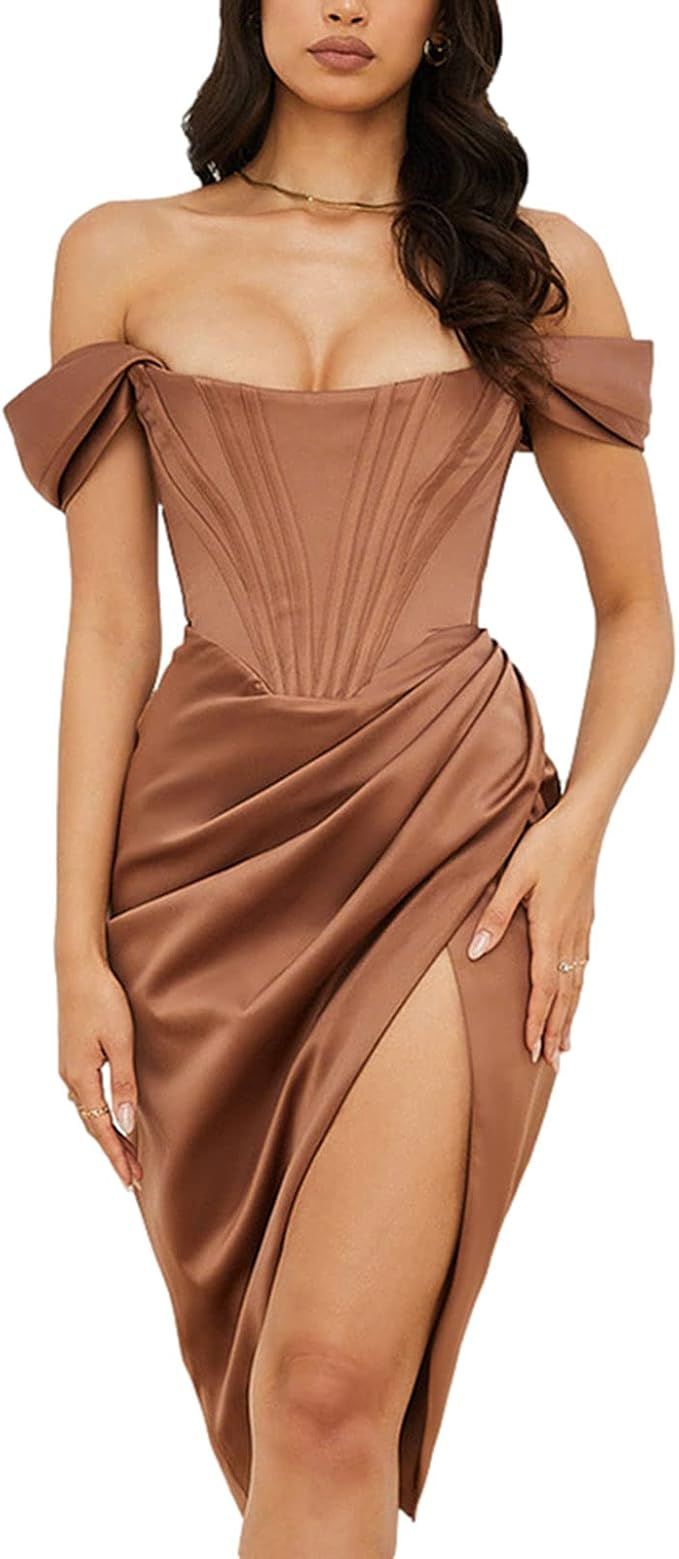 Womens Off Shoulder Sexy Split Corset Satin Dress Strapless Solid Color Bodycon Dress Party Night... | Amazon (US)