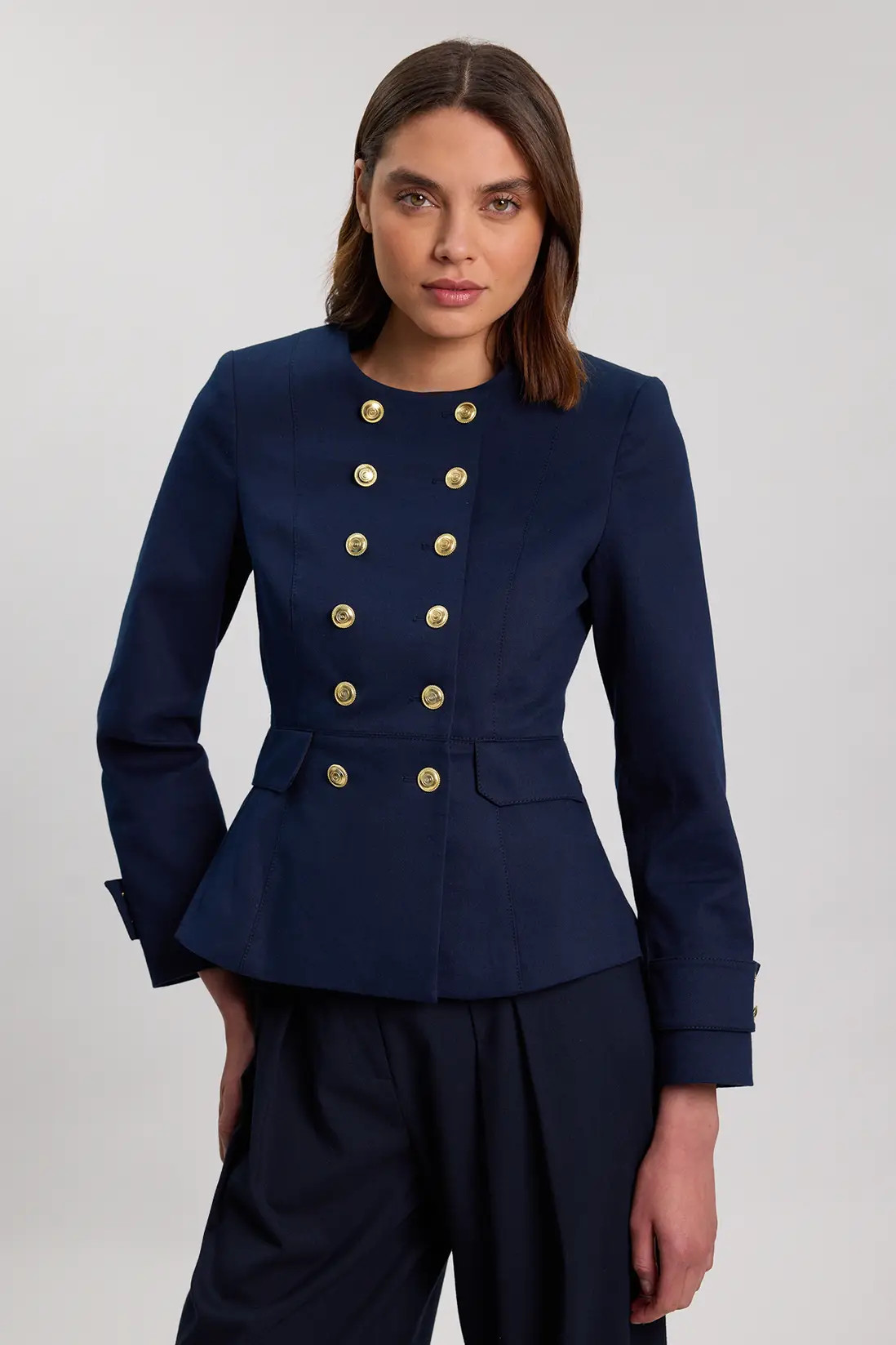 Cotton Tailored Button Detail Peplum Blazer | Karen Millen