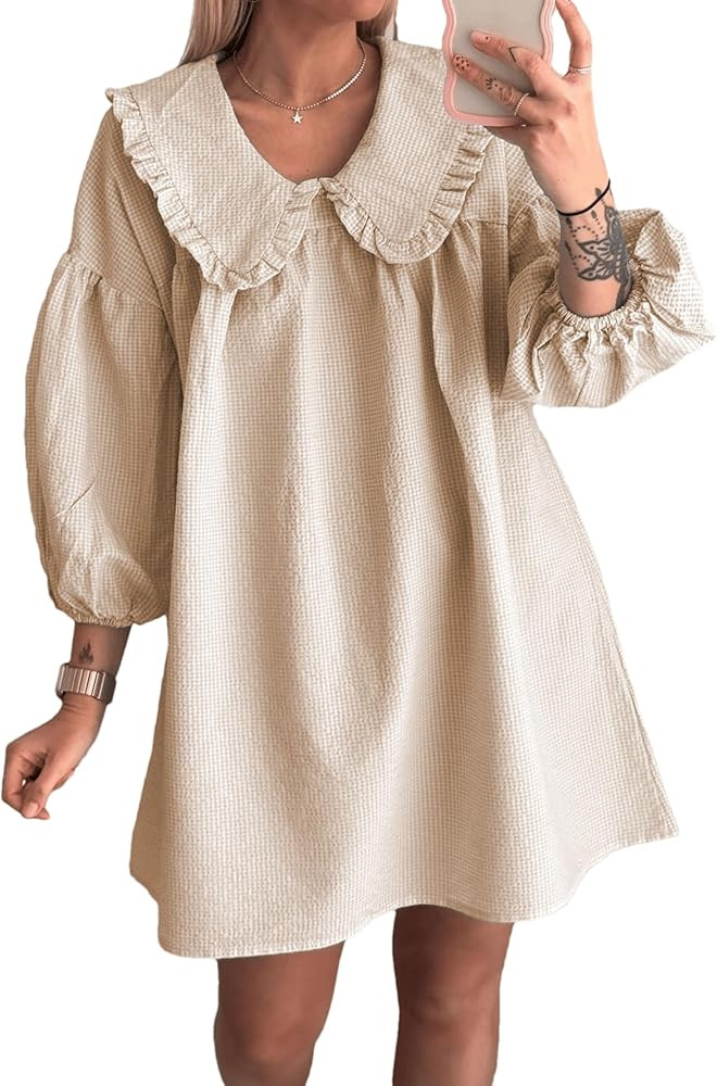 2025 Women's Babydoll 3/4 Puff Sleeve Plaid Mini Dress Lapel Doll Collar Loose Y2k Dress | Amazon (US)