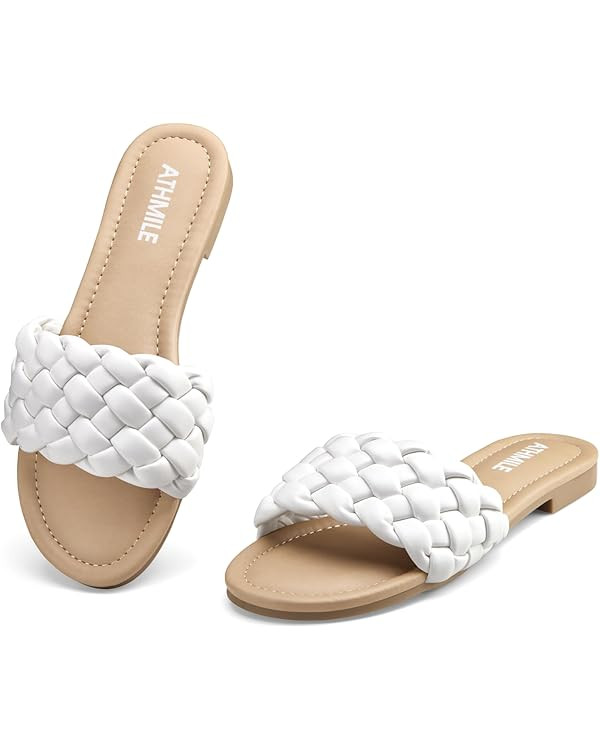 ATHMILE Braided Womens Sandals Round Open Toe Fashion Slide Sandals Women Dressy Summer Flat Beac... | Amazon (US)