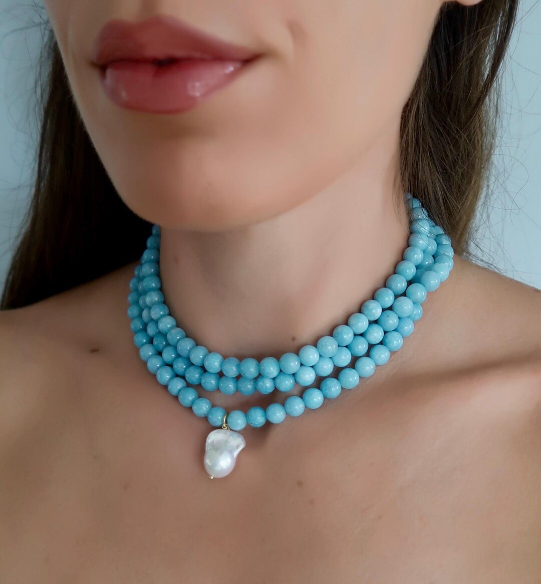 Powder Blue Beaded Stacking Necklace with Pearl Drop, Powder Blue Beaded Choker, Pearl Drop Neckl... | Etsy (US)