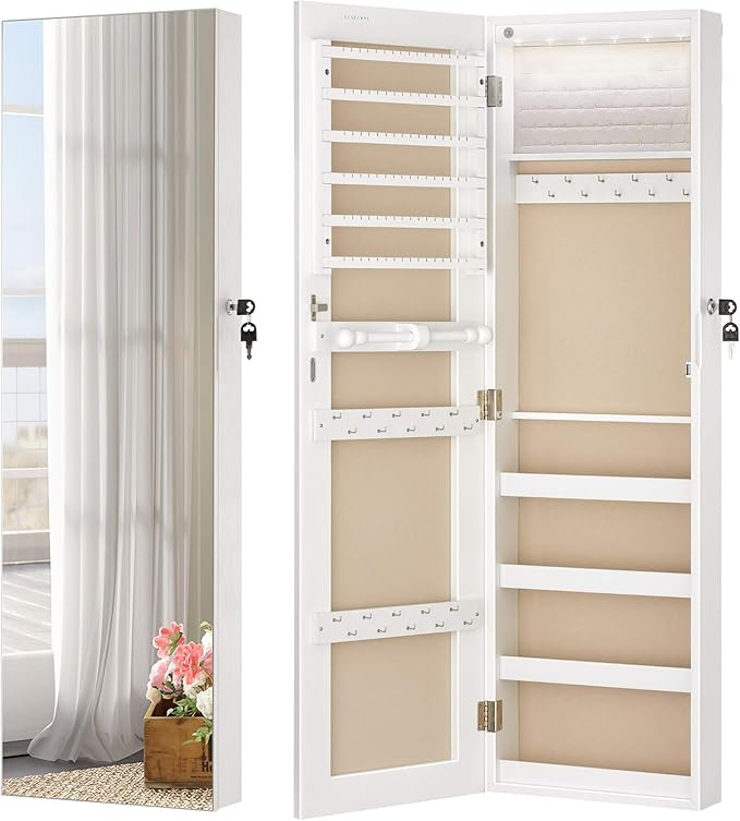 LUXFURNI Mirror Jewelry Cabinet 6 LED Lights Wall-Mount/Door-Hanging Armoire, Full screen mirror ... | Amazon (US)