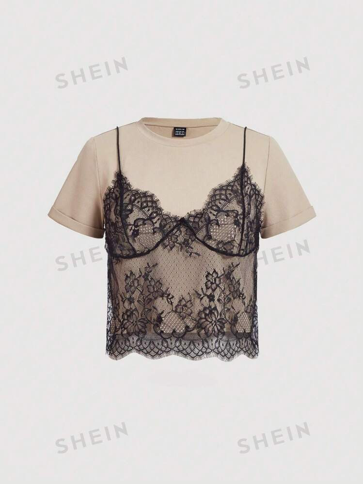 SHEIN MOD Lace Panel Round Neck Cut-Off T-Shirt, Summer | SHEIN