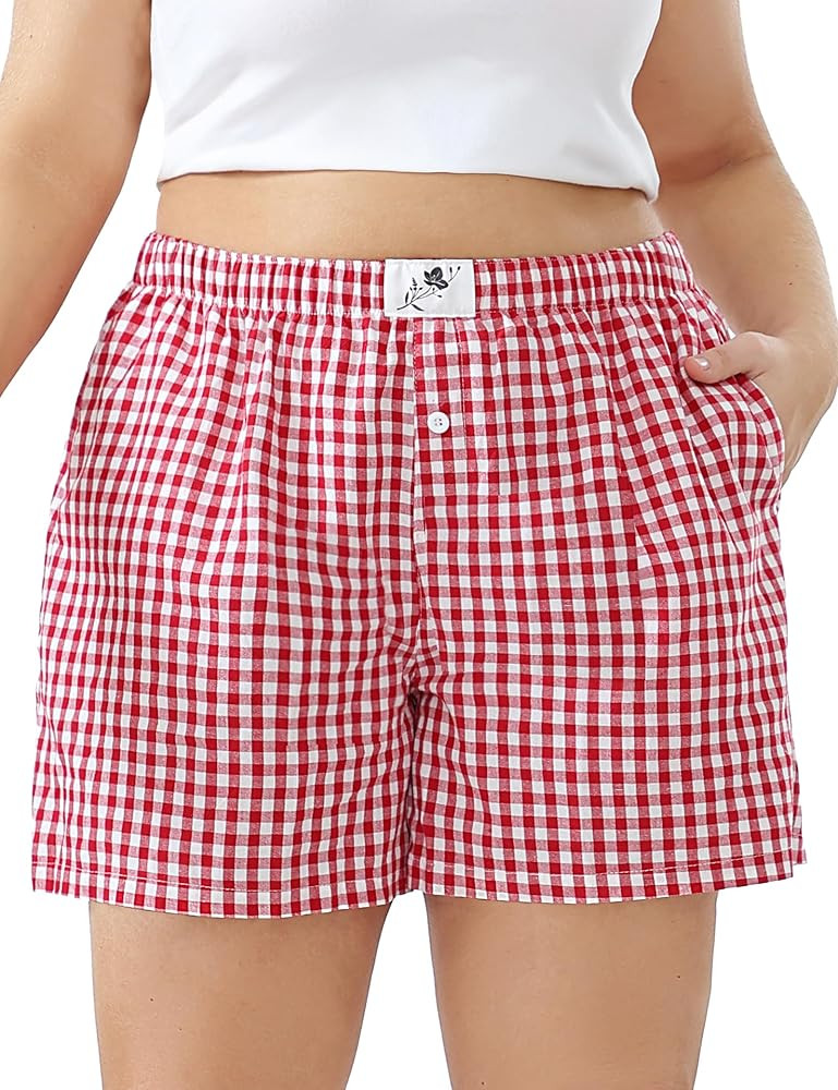 FOREYOND Plus Size Boxer Shorts for Women Gingham Lounge Sleep Plaid Shorts Y2K Beach Bottoms 1XL... | Amazon (US)