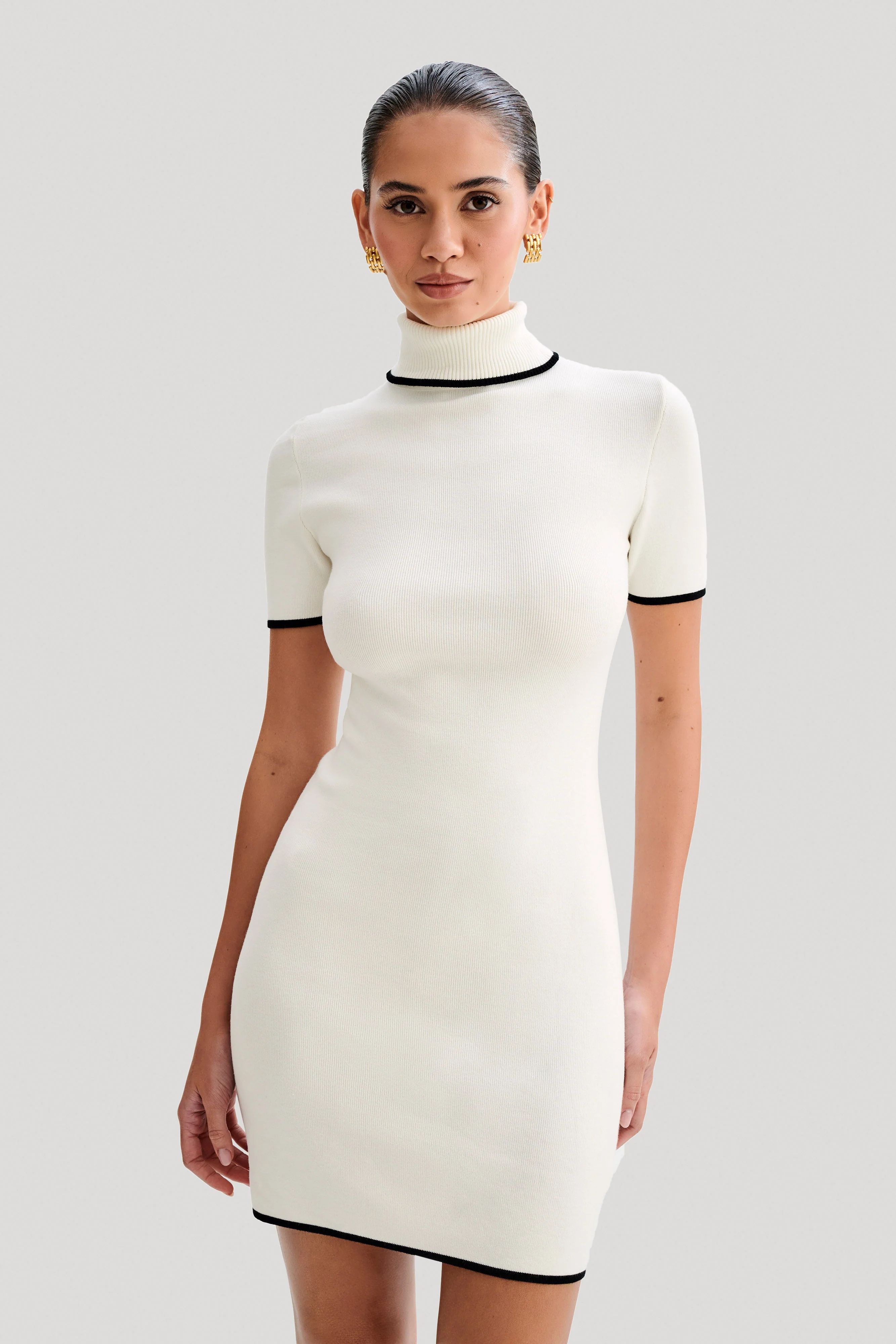 Hayley Turtleneck Contrast Knit Mini Dress - Ivory | MESHKI US
