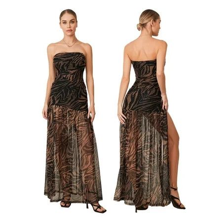 Drnokyasn Women’s Tube Top Dress Slim Strapless Backless Mesh Patchwork Tropical Leopard Print High Slit Long Dress for Party Club Night | Walmart (US)