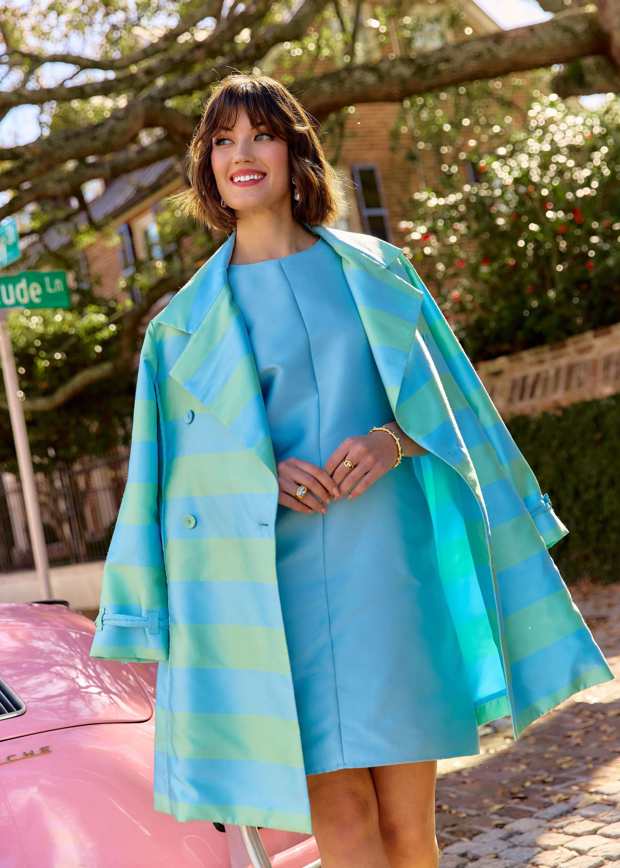 Marisol Coat Sky Blue Striped Mikado | Abbey Glass