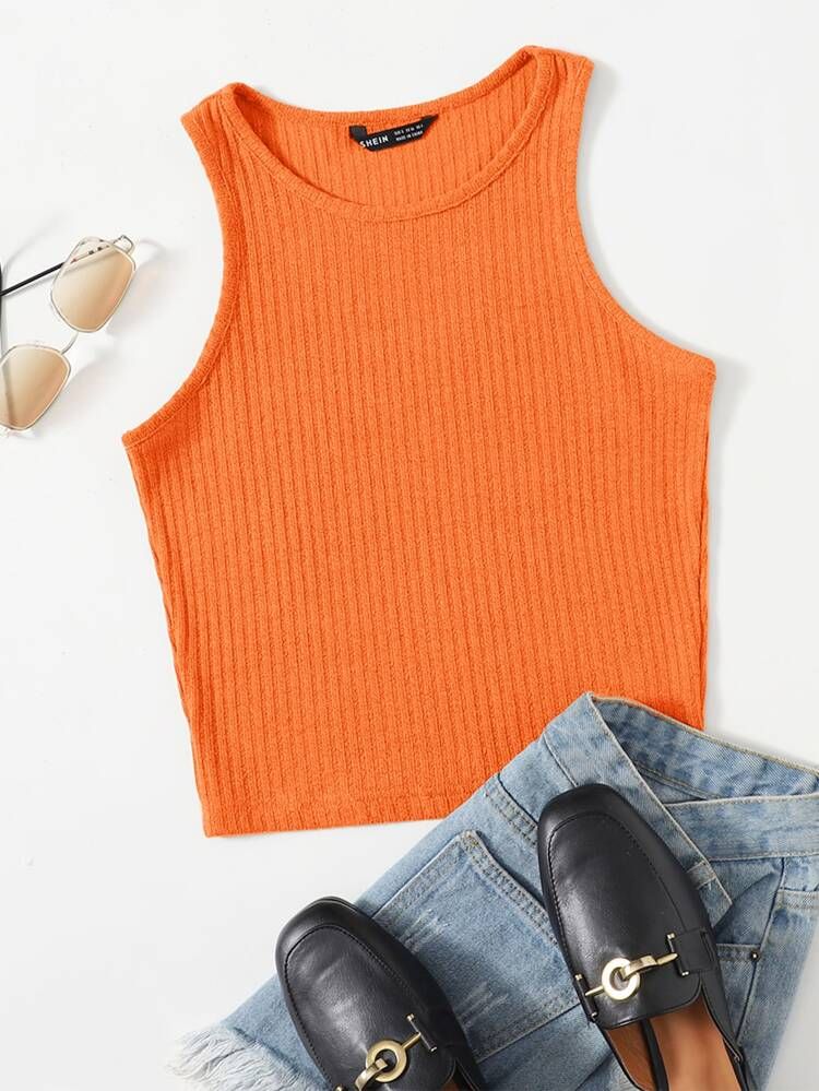 SHEIN Neon Orange Solid Rib-knit Tank Top | SHEIN
