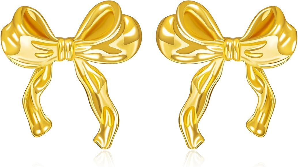 Gold Bow Earrings for Women Silver Bow Stud Earrings Ribbon Earrings Long Bow Dangle Earrings Sil... | Amazon (US)
