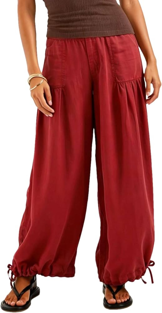 Womens Baggy Wide Leg Pants High Waist Drawstring Palazzo Trousers | Amazon (US)