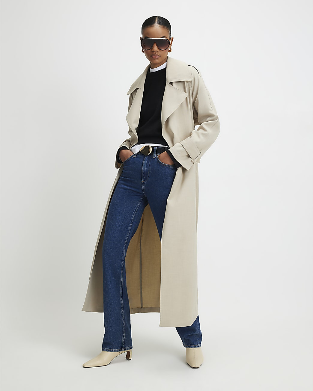Cream Collared Long Sleeve Trench Coat | River Island UK & IE