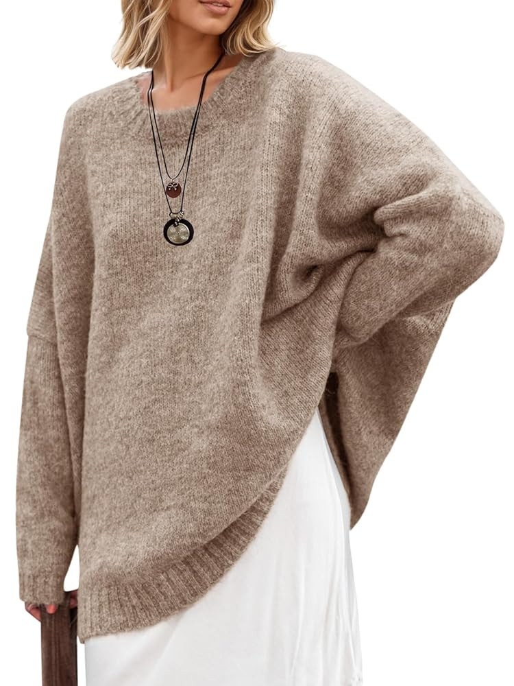 Saodimallsu Womens Oversized Tunic Sweaters Crew Neck Long Sleeve Fall Casual Slouchy Knit Pullov... | Amazon (US)