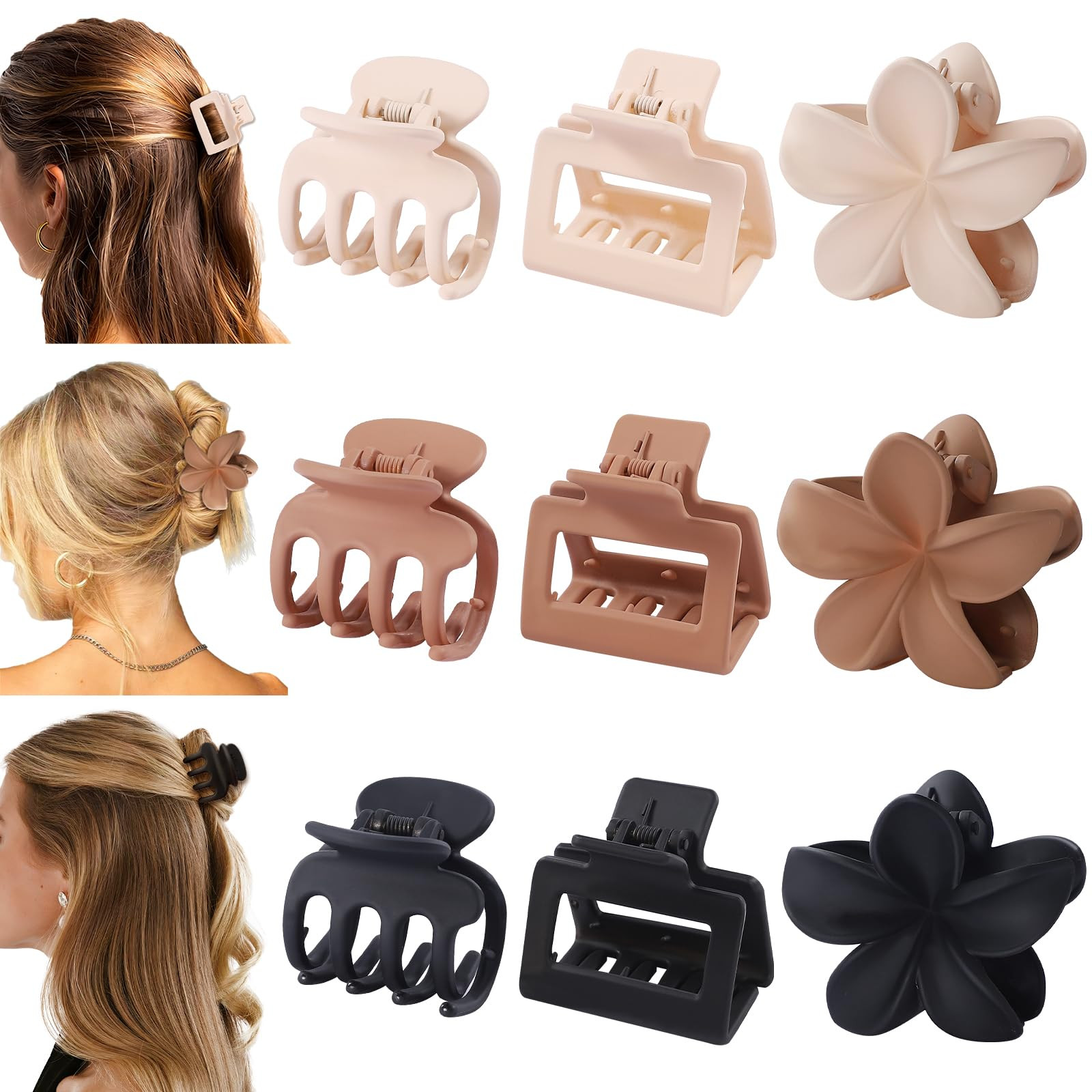 Hair Clips for Women 9 Pack Medium Claw Clips, No Slip Strong Hold Hair Clips for Thick & Thin Hair, Flower Square Aesthetic Styles for Everyday Styling, Trendy Hair Accessories (Brown) | Amazon (US)