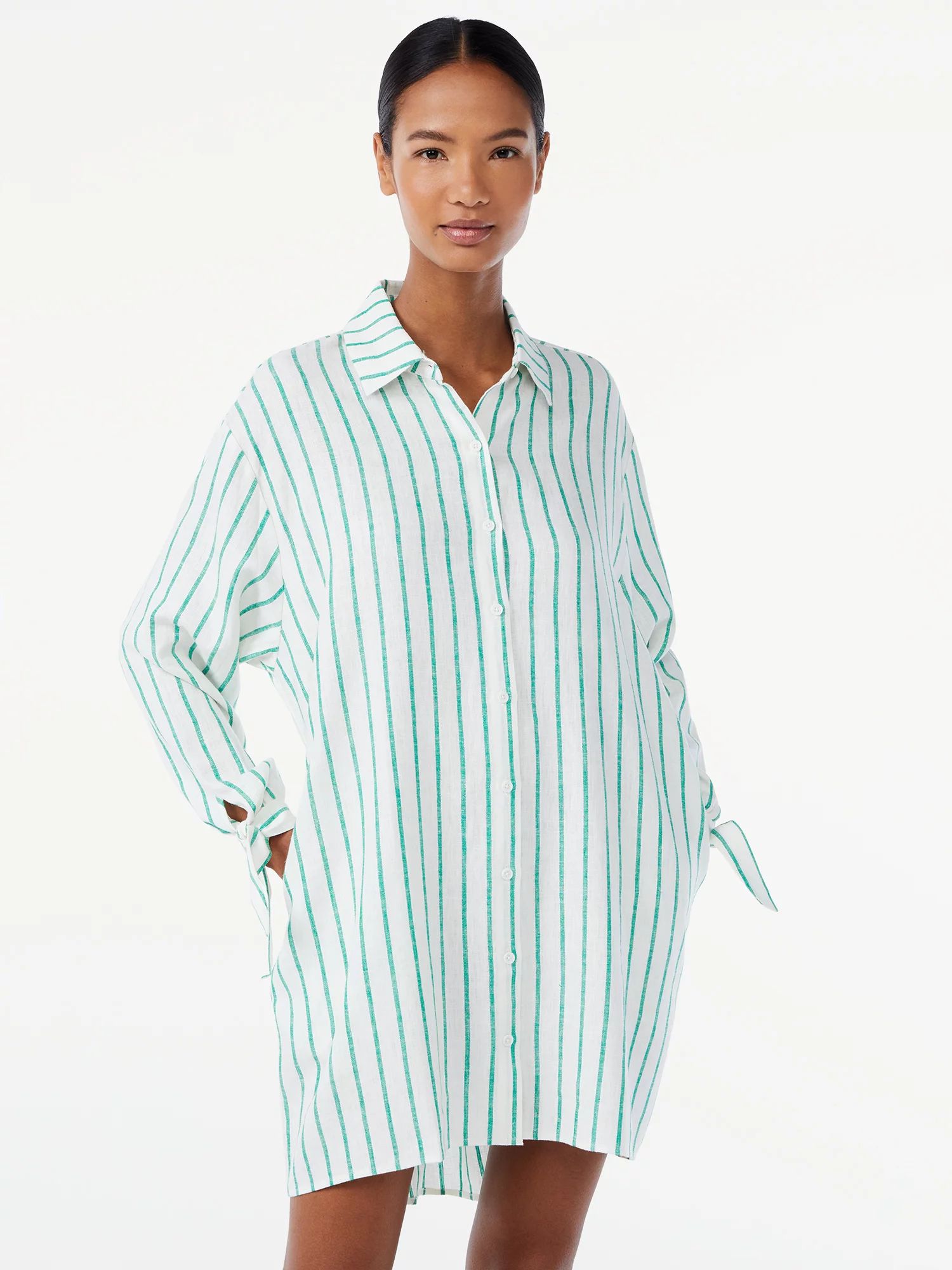 Scoop Women's Linen Blend Shirt Dress with Tie Sleeve Cuffs | Walmart (US)