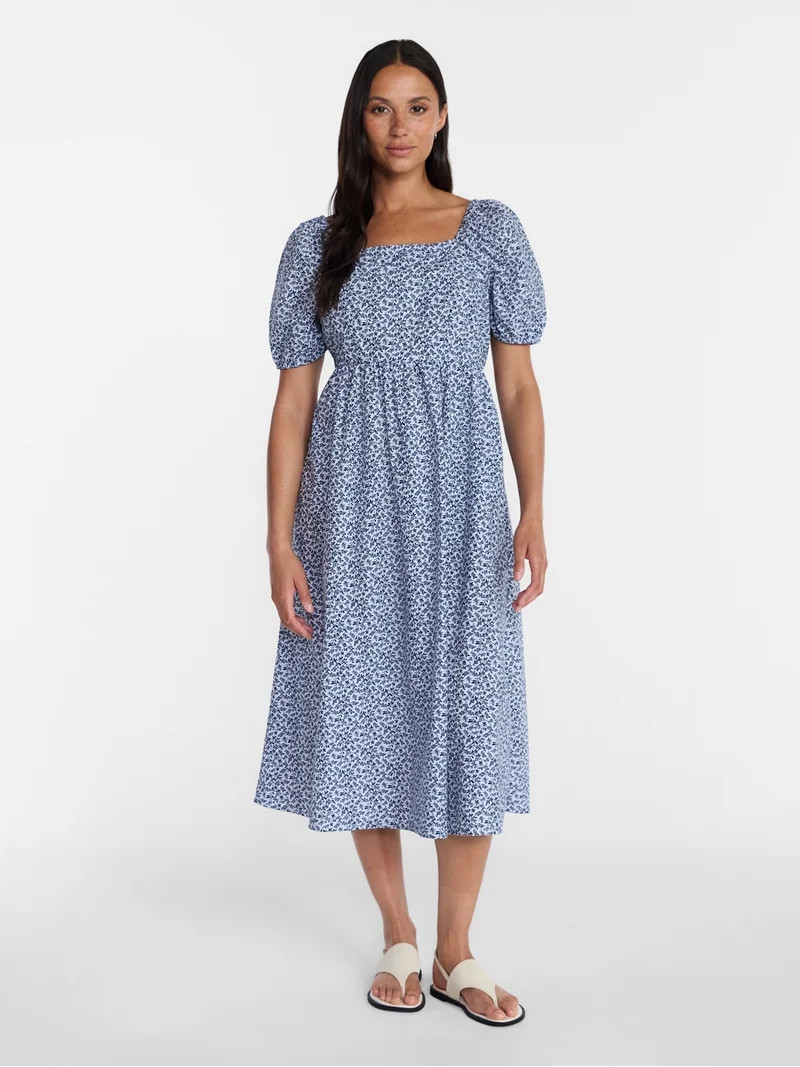 Time and Tru Women's and Women's Plus Cotton Back Tie Midi Dress with Short Puff Sleeves, Sizes X... | Walmart (US)