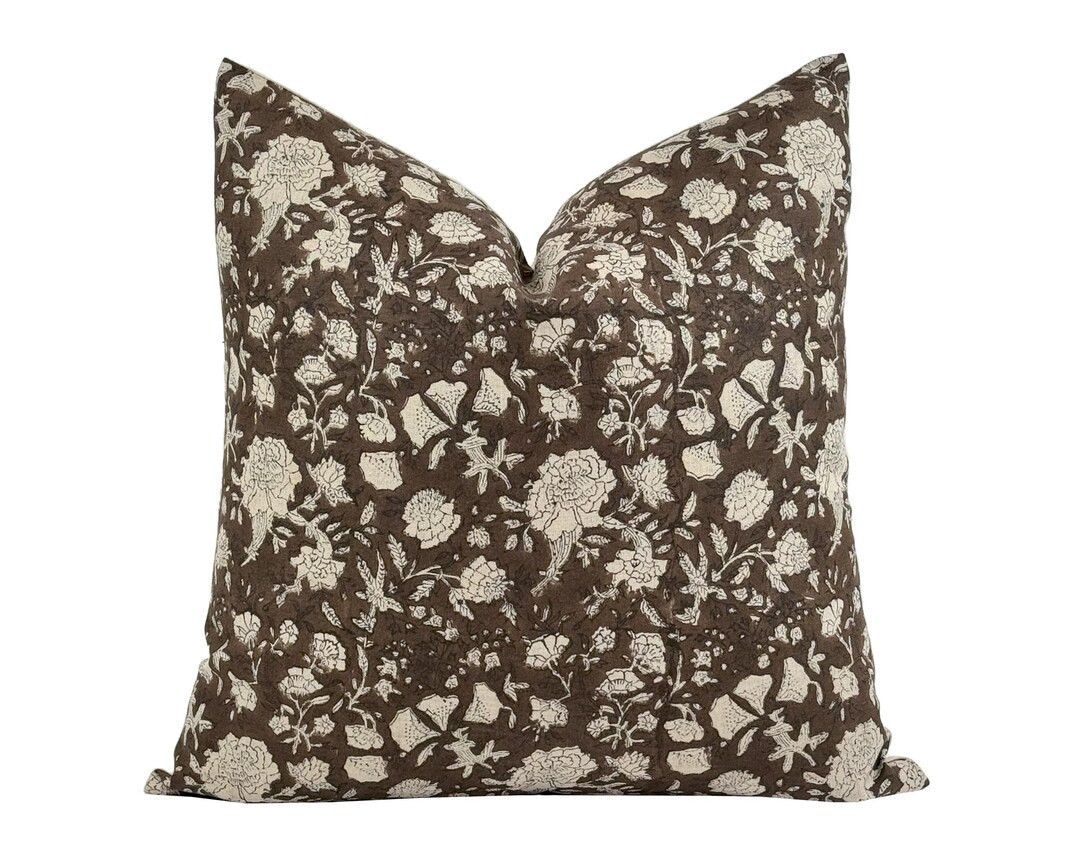 JORAH Designer Dark Brown Floral Linen Pillow Cover, Block Print Pillow, Brown Floral Pillow, Bro... | Etsy (US)