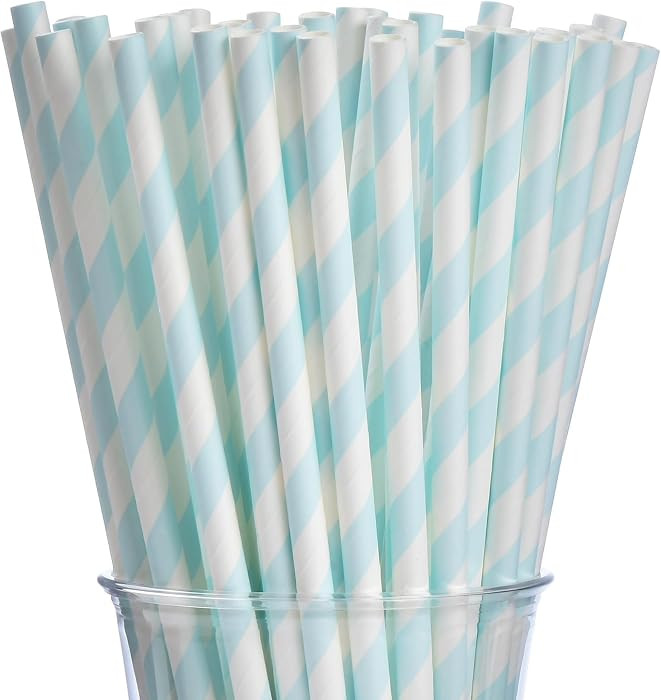 ALINK 100 Light Baby Blue and White Striped Paper Straws, Biodegradable Disposable Drinking Straw... | Amazon (US)