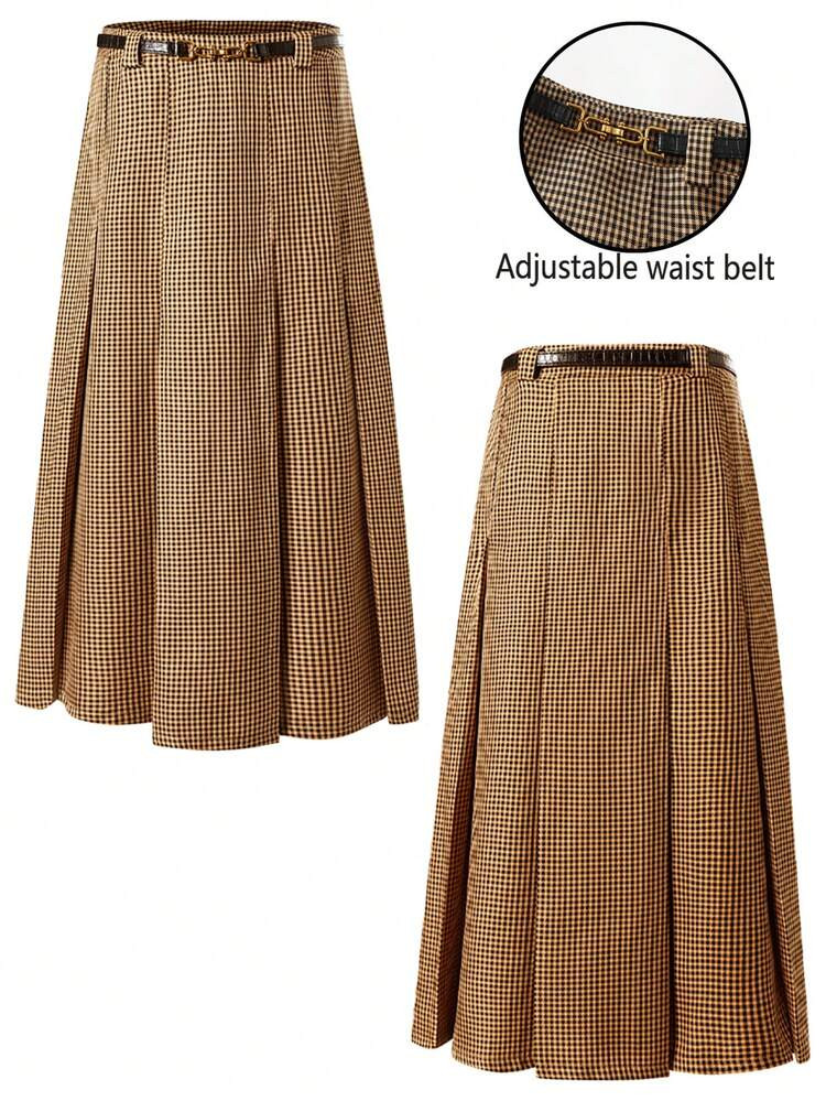 EMERY ROSE Retro Plaid Mid-Length Skirt For Women, Autumn | SHEIN