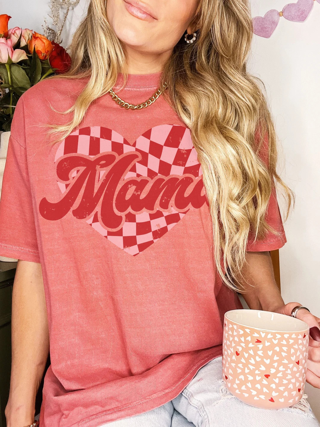 Comfort Colors® Retro Checkered Heart Mama Valentine's Day Graphic Tee, Comfort Colors Mama Vale... | Etsy (US)