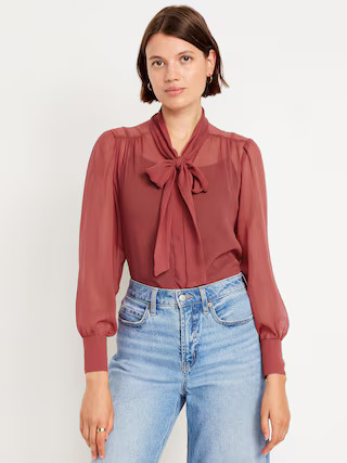 Long-Sleeve Tie-Neck Chiffon Top | Old Navy (US)