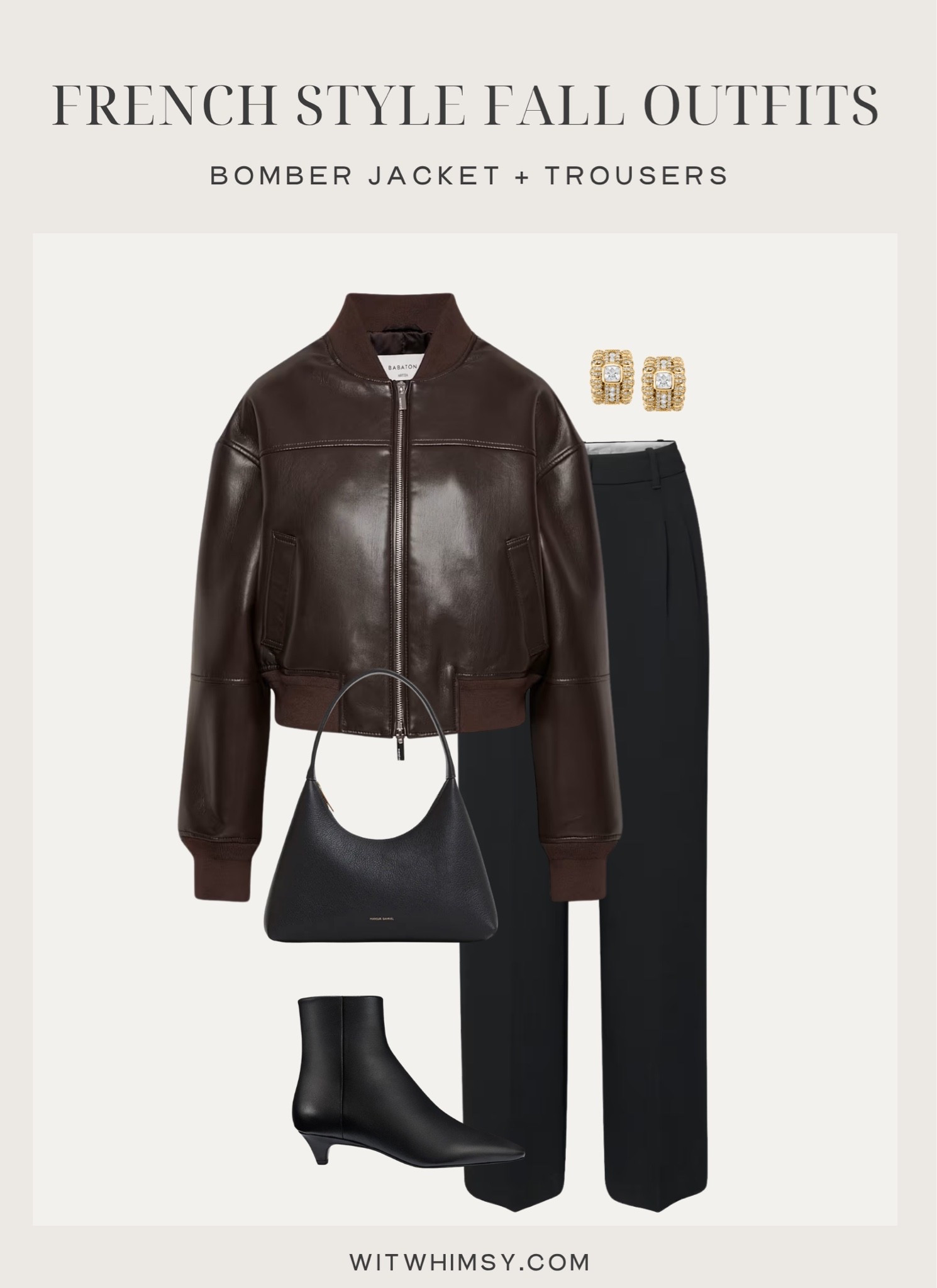 French style fall outfit
Bomber jacket
Trousers
Low heel boot
Shoulder bag 
Statement earring

#LTKSeasonal