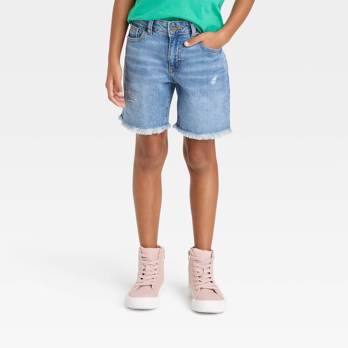Girls' Destructed Relaxed Midi Jean Shorts - Cat & Jack™ Medium Wash | Target
