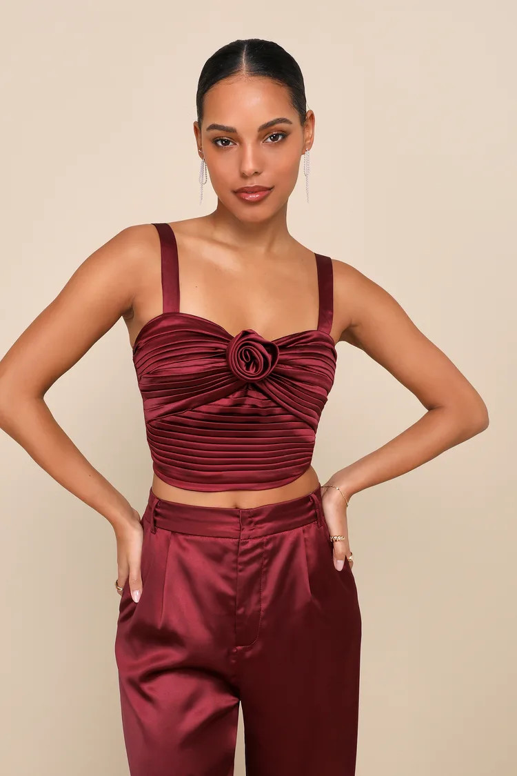 Flawless Behavior Burgundy Satin Pleated Rosette Tank Top
            Lulus
         $45
        ... | Lulus