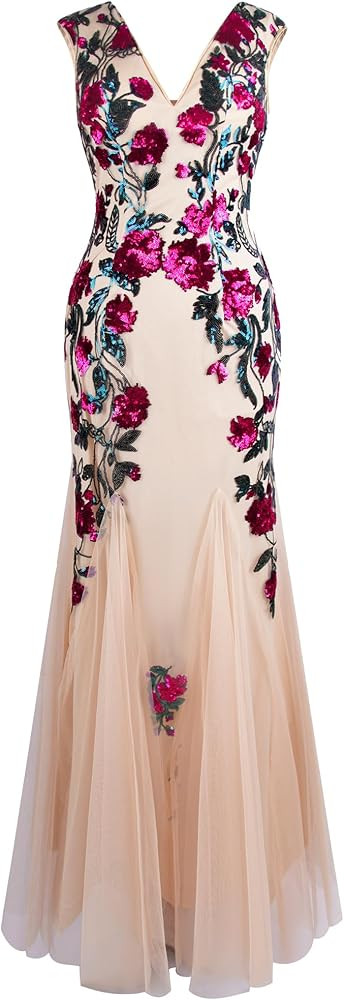 Angel-fashions Women's Deep V Neck Rose Sequin Sheath Prom Dresses | Amazon (US)