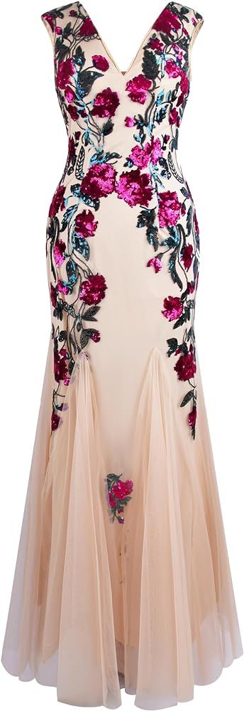 Angel-fashions Women's Deep V Neck Rose Sequin Sheath Prom Dresses | Amazon (US)