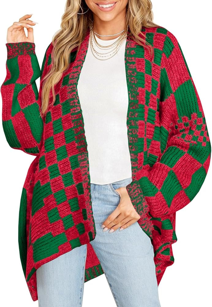 Saodimallsu Womens Checkered Sweater Color Block Plaid Cardigans Oversized Long Sleeve Knit Open ... | Amazon (US)
