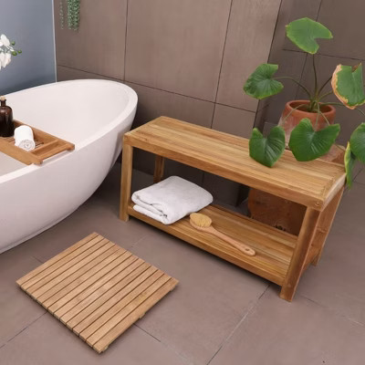 Nordic Teak 35" Natural Shower and Bath Spa Bench with Shelf - Beige | Target
